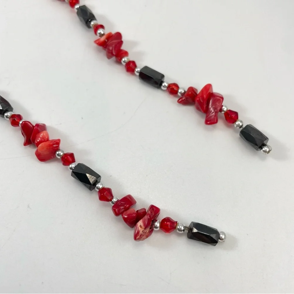 Stunning Magnetic Hematite Red Coral Chip Beaded Statement Necklace